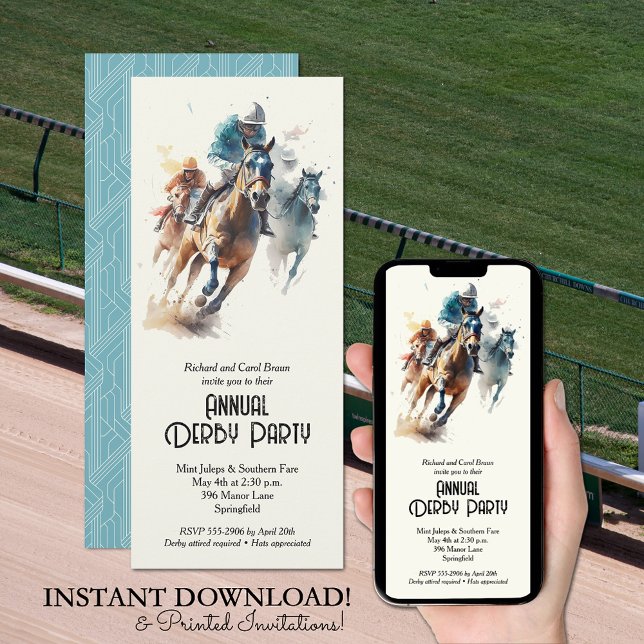 Jockeys och Racehorse Derby Party Inbjudningar (Jockeys and Racehorses Derby Party Invitations - INSTANT DOWNLOAD and/or PRINTED or both!)