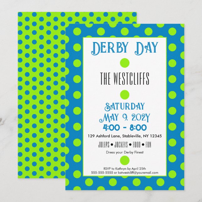 Jockeys silkesprydda prickar grön och blå derby inbjudningar (Fram/baksida)