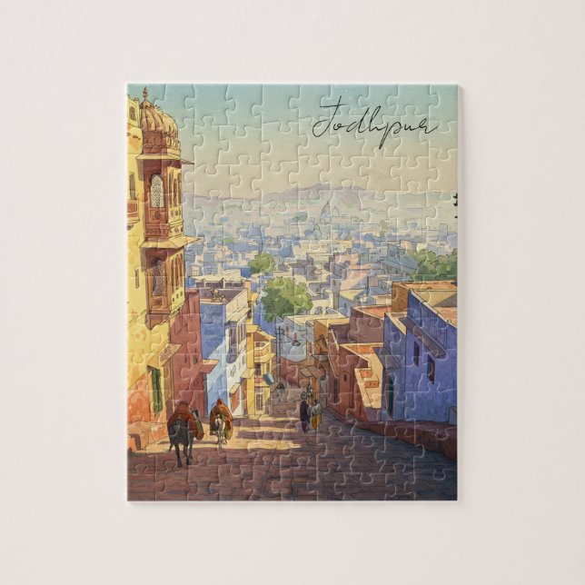 Jodhpur India Blue House Watercolor Pussel (Vertikal)