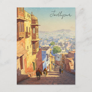 Jodhpur India Blue House Watercolor Vykort