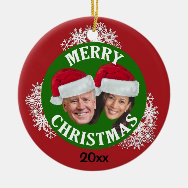 Joe Biden Kamala Harris 2020 w/ Santa Hats & Snö Julgransprydnad Keramik (Framsidan)