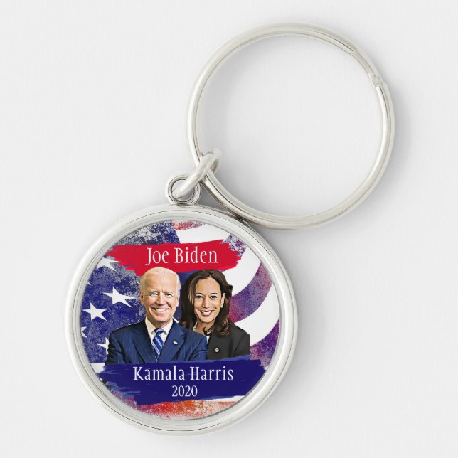 Joe Biden och Kamala Harris 2020 Valbil Rund Silverfärgad Nyckelring (Framsidan)