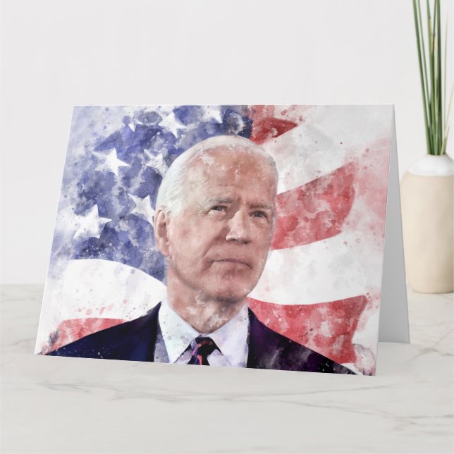 Joe Biden porträtt vattenfärg med amerikansk flagg Tack Kort (Framsida)