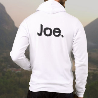 Joe. Namn Ord i svart bokstav på vit T Shirt