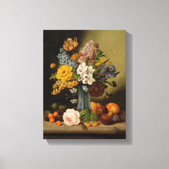 Johann Geor Seitz Flowers i Blå Vas och Fruit Canvastryck (Framsida)