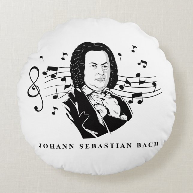 Johann Sebastian Bach Porträtt och Bust with Notes Rund Kudde (Framsidan)