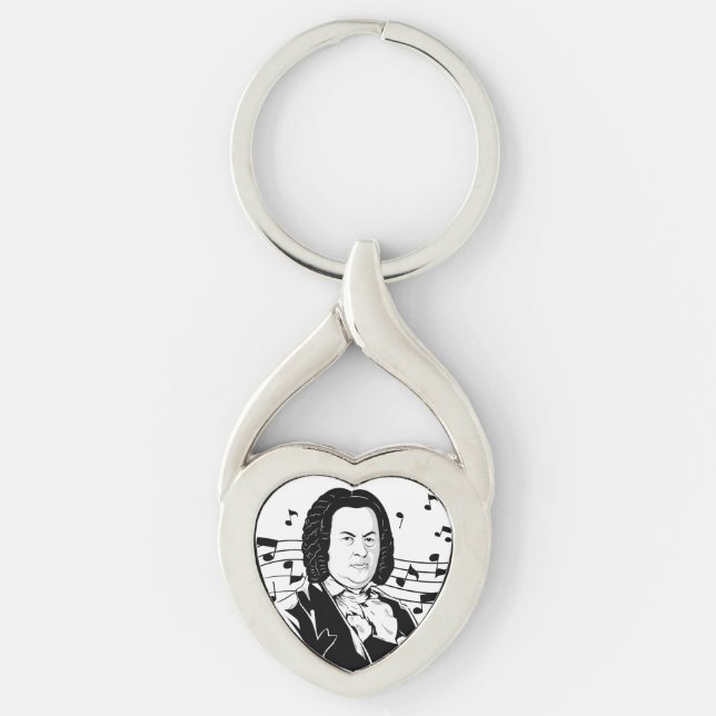 Johann Sebastian Bach Porträtt och Bust with Notes Twisted Heart Silverfärgad Nyckelring (Framsidan)