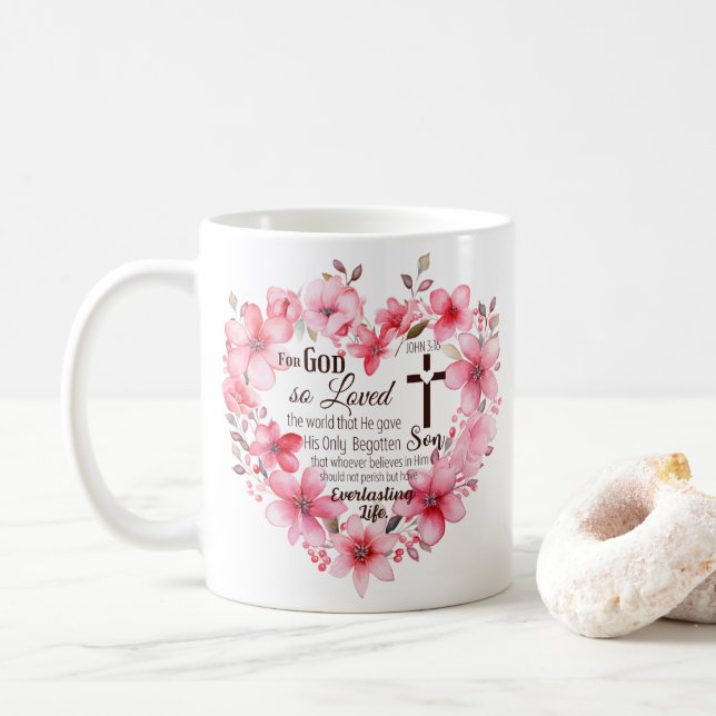 Johannes 3:16 Blommig hjärta Bibelvers Kaffemugg (Med munk)