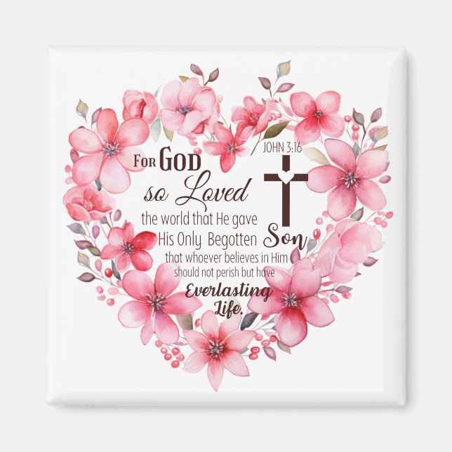 Johannes 3:16 Blommig hjärta Bibelvers Magnet (Framsidan)