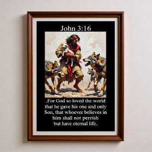 Johannes 3:16 Goda herden skyddar lamm från vargar Poster