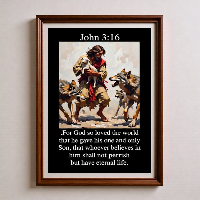 Johannes 3:16 Goda herden skyddar lamm från vargar Poster (Skapare uppladdad)