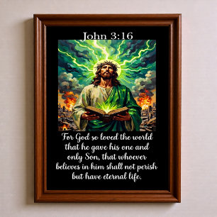 Johannes 3:16 Jesus Glödande Heliga Bibeln Brinnan Poster