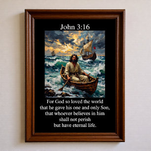 Johannes 3:16 Jesus Roddande Träbåt Stormigt Hav Poster