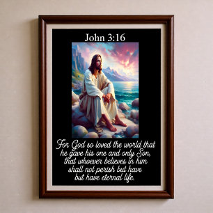 Johannes 3:16 Jesus Sittande Klippig Kust Solnedgå Poster