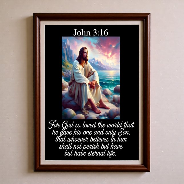 Johannes 3:16 Jesus Sittande Klippig Kust Solnedgå Poster (Skapare uppladdad)