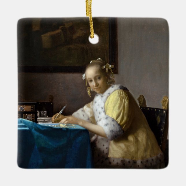 Johannes Vermeer - A Dam skriver ett Brev Julgransprydnad Keramik (Framsida)