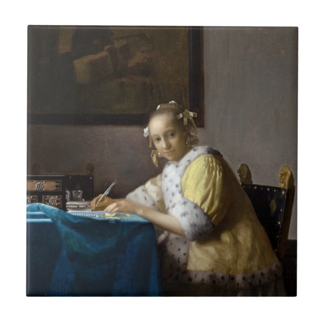 Johannes Vermeer - A Dam skriver ett Brev Kakelplatta (Framsidan)