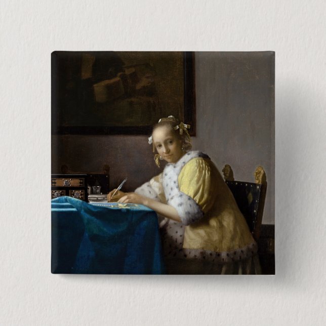 Johannes Vermeer - A Dam skriver ett Brev Knapp (Framsida)