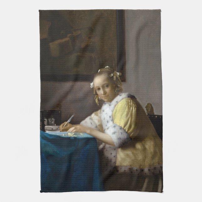 Johannes Vermeer - A Dam skriver ett Brev Kökshandduk (Vertikal)