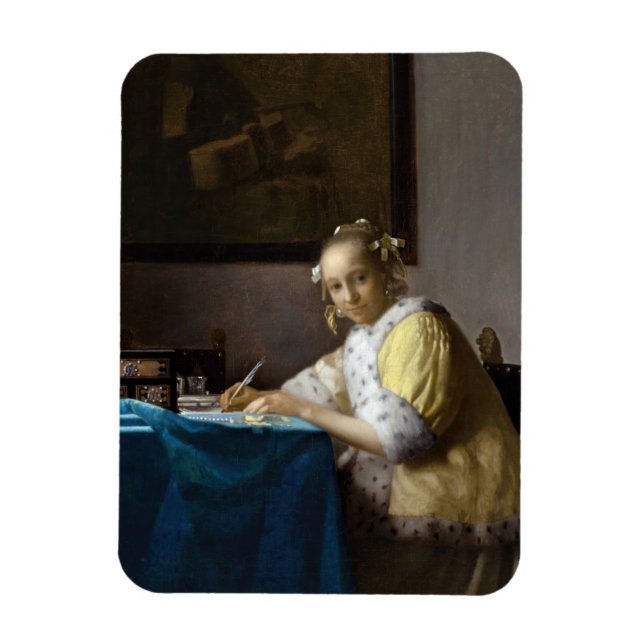 Johannes Vermeer - A Dam skriver ett Brev Magnet (Vertikal)