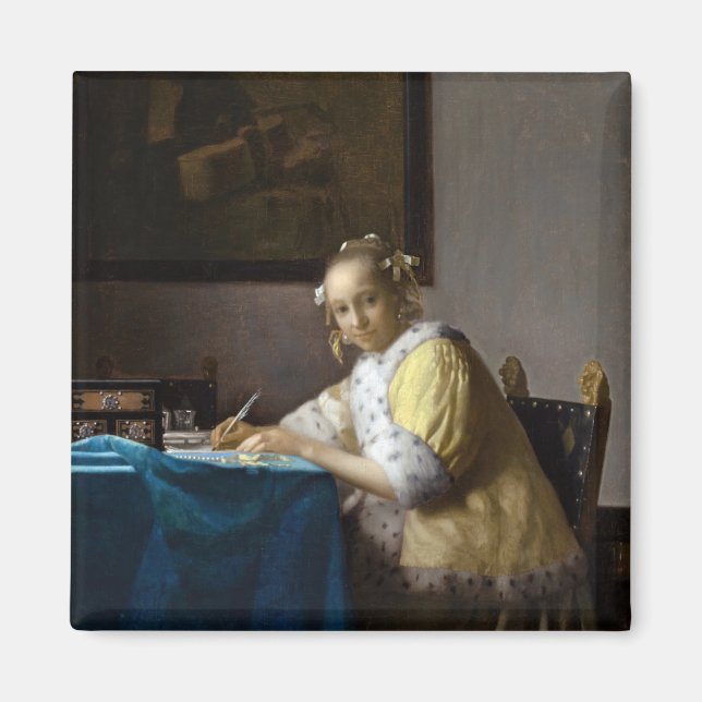 Johannes Vermeer - A Dam skriver ett Brev Magnet (Framsidan)