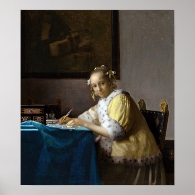 Johannes Vermeer - A Dam skriver ett Brev Poster (Framsidan)