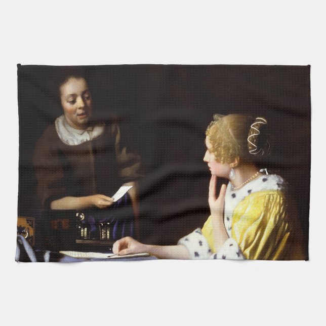 Johannes Vermeer - Älskarinna och Maid Kökshandduk (Horisontell)