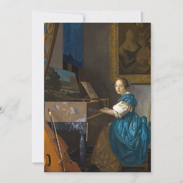 Johannes Vermeer - Dam, sittande vid ett unggialt Inbjudningar (Framsida)