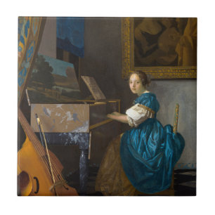 Johannes Vermeer - Dam, sittande vid ett unggialt Kakelplatta