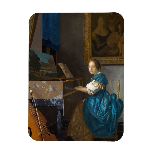 Johannes Vermeer - Dam, sittande vid ett unggialt Magnet (Vertikal)