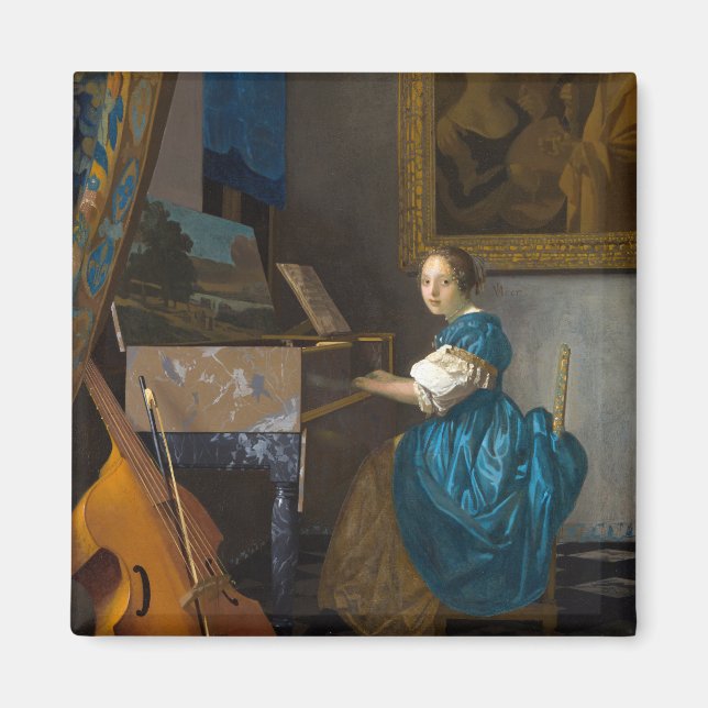 Johannes Vermeer - Dam, sittande vid ett unggialt Magnet (Framsidan)