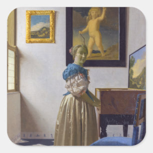 Johannes Vermeer - Dam Ställande vid ett jungfruli Fyrkantigt Klistermärke