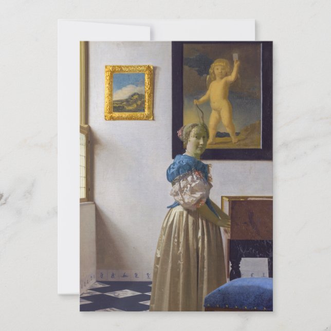 Johannes Vermeer - Dam Ställande vid ett jungfruli Inbjudningar (Framsida)