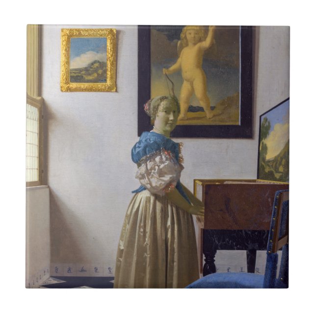 Johannes Vermeer - Dam Ställande vid ett jungfruli Kakelplatta (Framsidan)