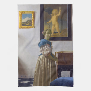 Johannes Vermeer - Dam Ställande vid ett jungfruli Kökshandduk