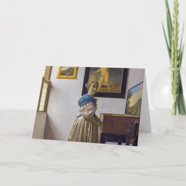 Johannes Vermeer - Dam Ställande vid ett jungfruli Kort (Framsida)