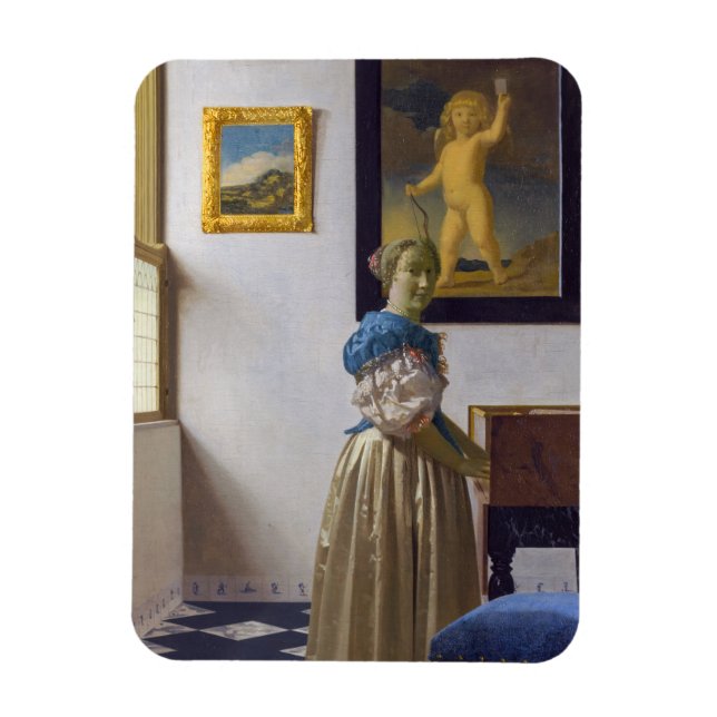 Johannes Vermeer - Dam Ställande vid ett jungfruli Magnet (Vertikal)