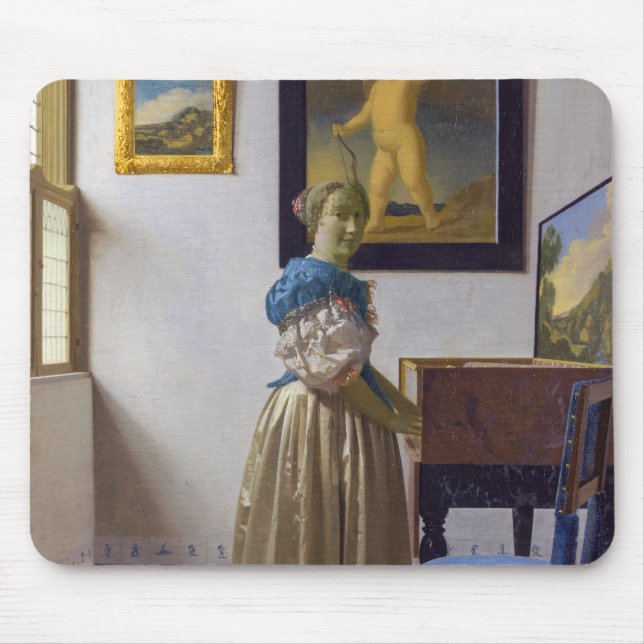 Johannes Vermeer - Dam Ställande vid ett jungfruli Musmatta (Framsidan)