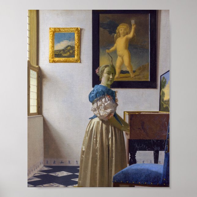 Johannes Vermeer - Dam Ställande vid ett jungfruli Poster (Framsidan)