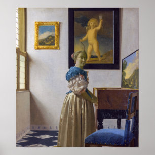 Johannes Vermeer - Dam Ställande vid ett jungfruli Poster