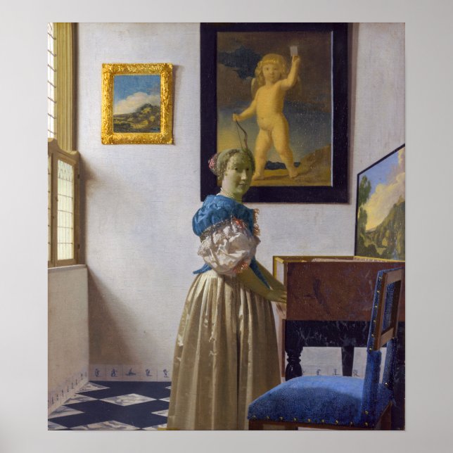 Johannes Vermeer - Dam Ställande vid ett jungfruli Poster (Framsidan)