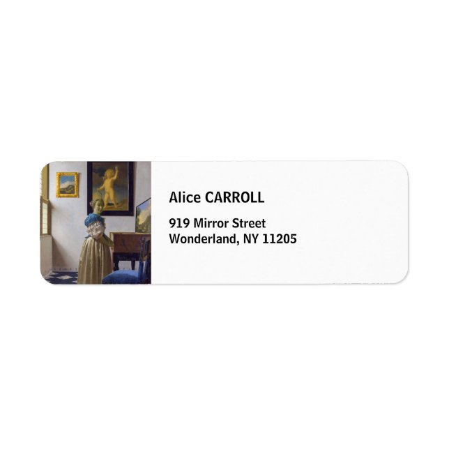 Johannes Vermeer - Dam Ställande vid ett jungfruli Returadress Etikett (Framsidan)