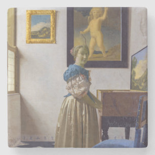 Johannes Vermeer - Dam Ställande vid ett jungfruli Stenunderlägg