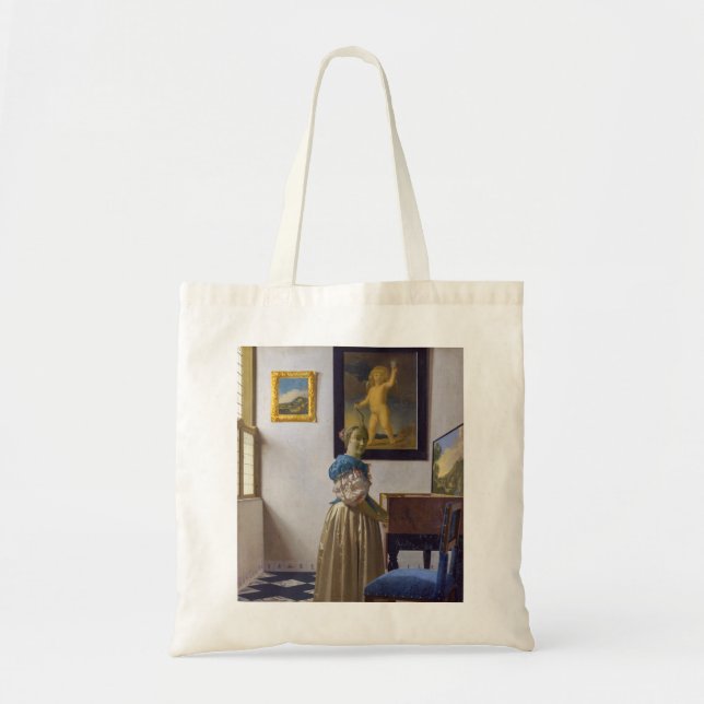 Johannes Vermeer - Dam Ställande vid ett jungfruli Tygkasse (Framsidan)