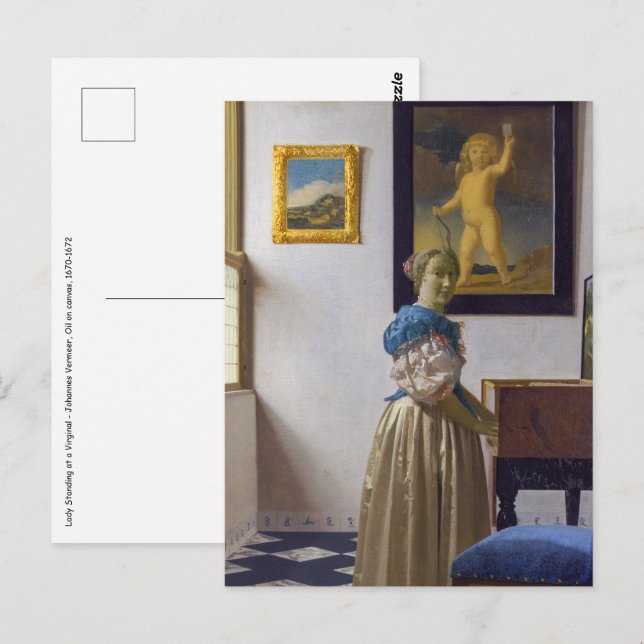 Johannes Vermeer - Dam Ställande vid ett jungfruli Vykort (Fram/baksida)