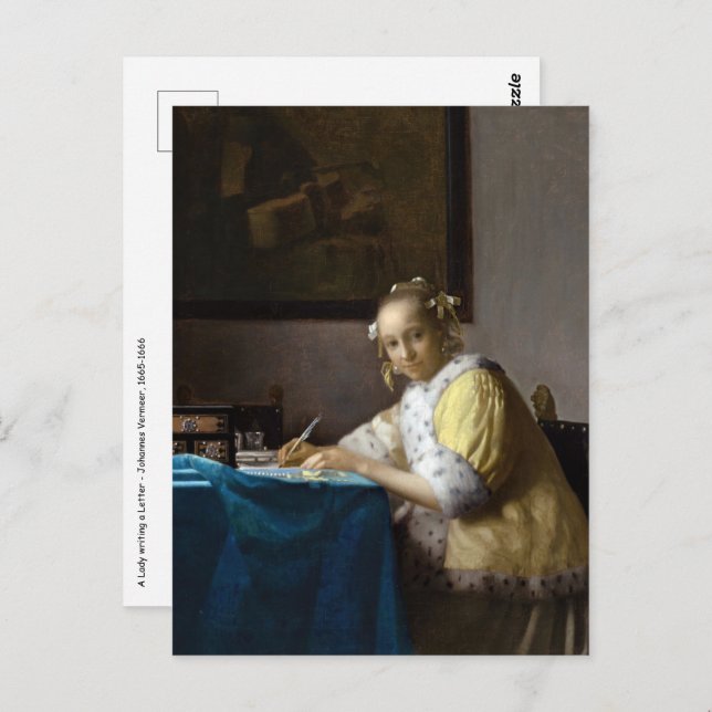 Johannes Vermeer - En dam som skriver ett brev Vykort (Fram/baksida)