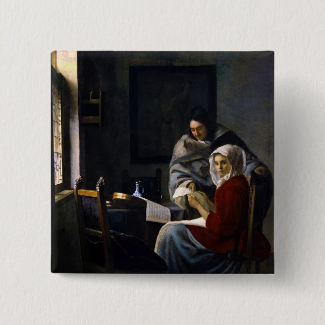 Johannes Vermeer - Flickan avbröts på sin musik Knapp (Framsida)