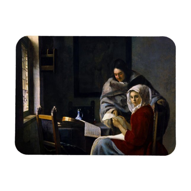Johannes Vermeer - Flickan avbröts på sin musik Magnet (Horisontell)