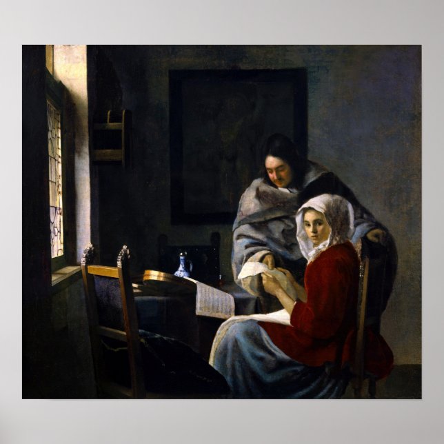 Johannes Vermeer - Flickan avbröts på sin musik Poster (Framsidan)