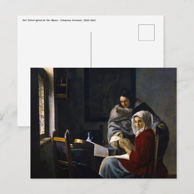 Johannes Vermeer - Flickan avbröts på sin musik Vykort (Fram/baksida)